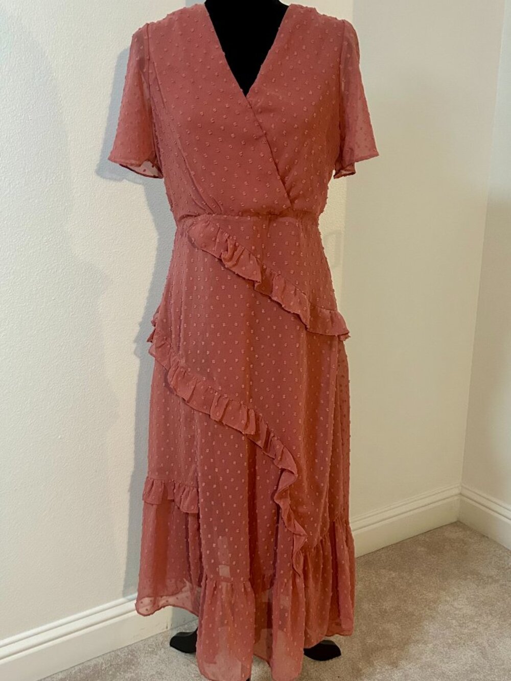 Lulus Next to You Rusty Rose Swiss Dot Ruffled Tiered Midi Dress Large L